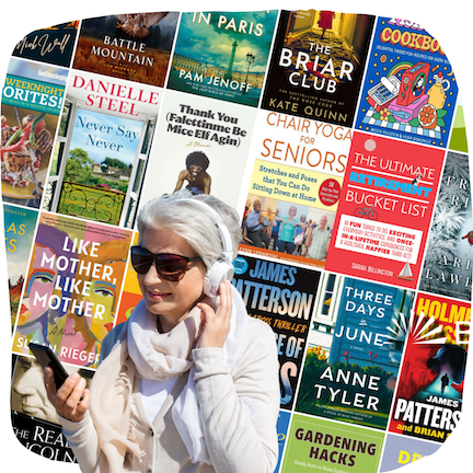 Senior with headphones on a smartphone with collage of popular books behind her.