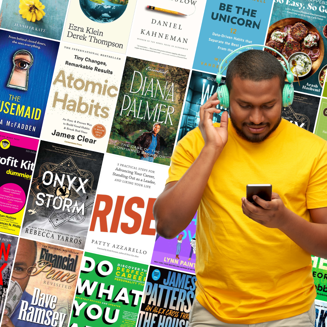 man reading on a smartphone with headphones on and collage of books in the background that are popular reads on Bookshare.