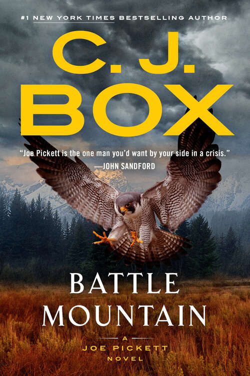 Image: Eagle flying with pine trees in the background. Text: C.J. Box Battle Mountain