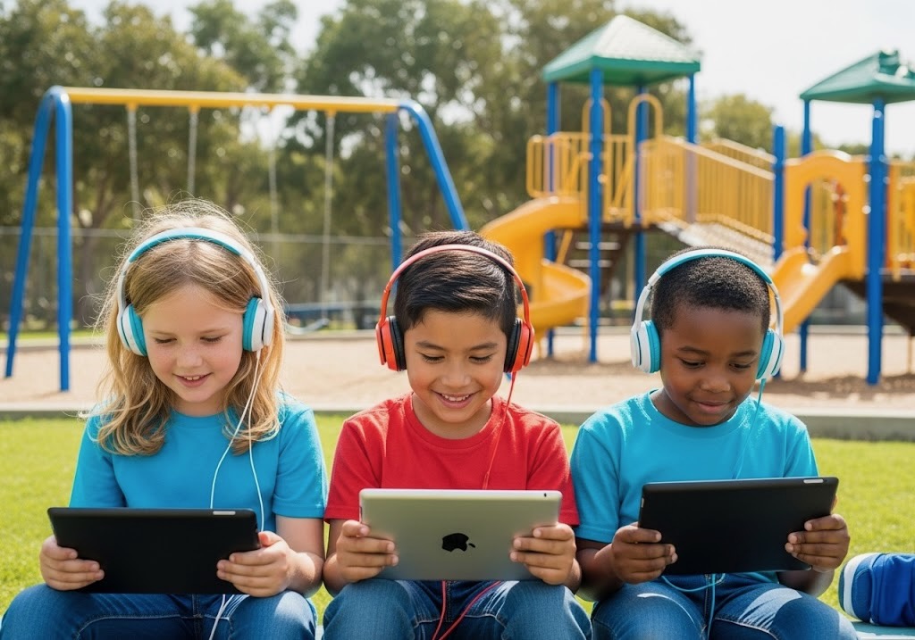 three kids with headphones reading on tablets in front of a playground.