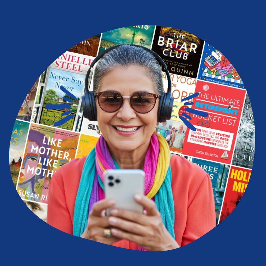 image: senior with headphones reading on a smartphone with images of various books in the background