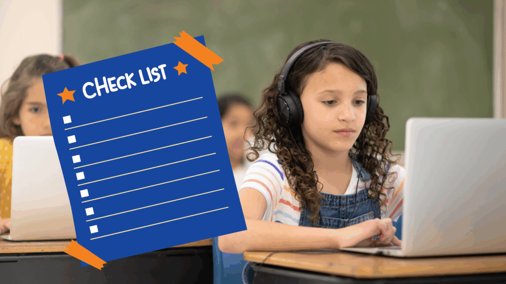 Female student using headphones and laptop in a classroom with other students at their desks. Overlay image of a blue checklist paper with a blank list.