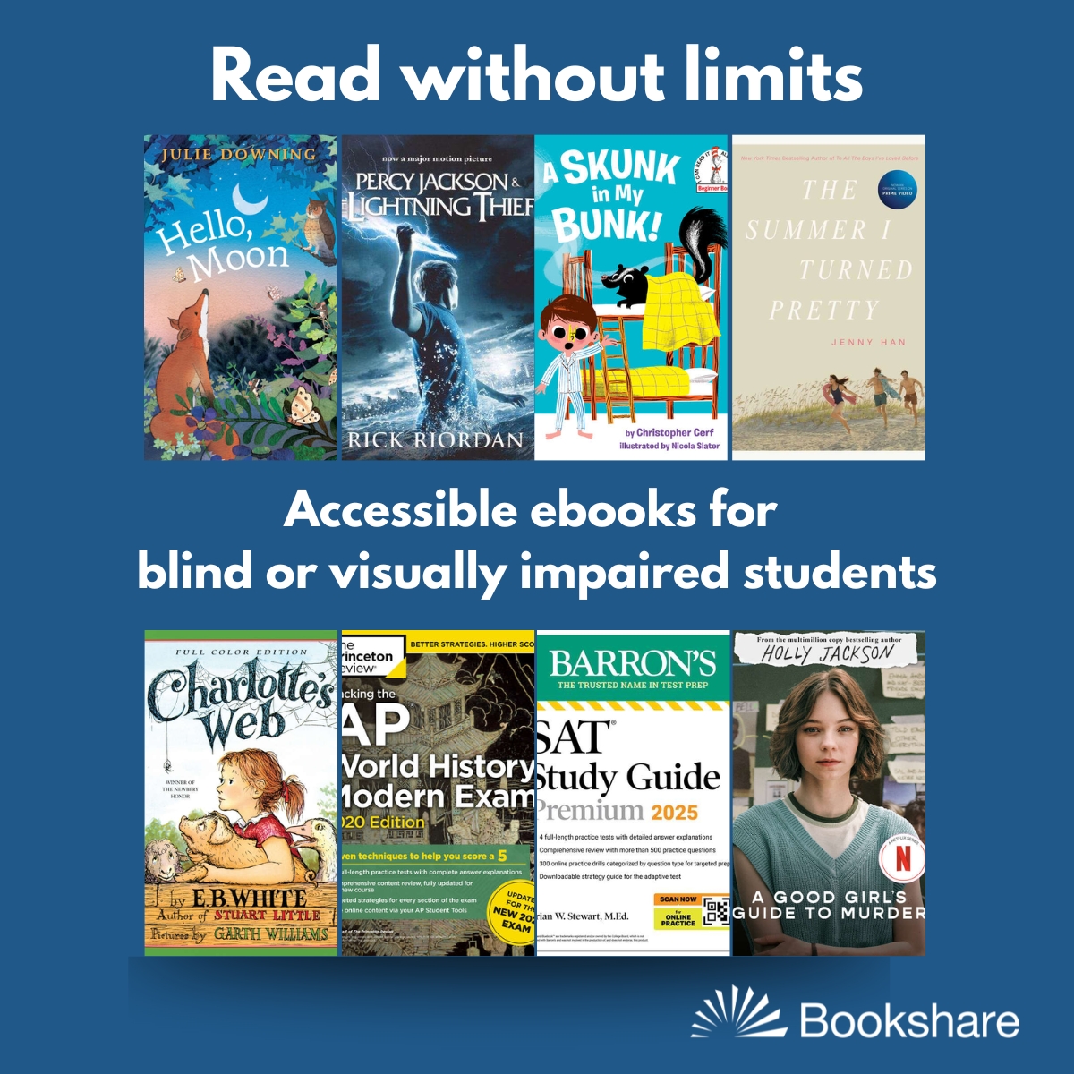 Read without limits, accessible ebooks for blind or visually impaired students. Text amid background of book covers for kids, teens, and young adults. 