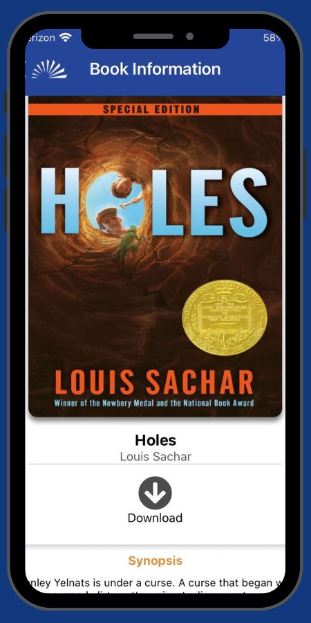 Image of a sample book in Bookshare Reader. Book cover: Holes by Louis Sachar showing the 'download' button and a brief synopsis.