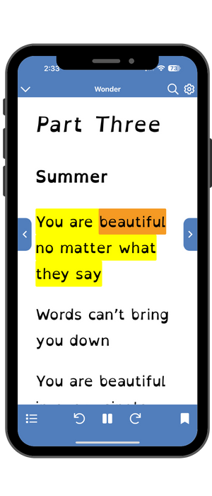 Bookshare Reader open on mobile phone using text to speech and text highlighting.