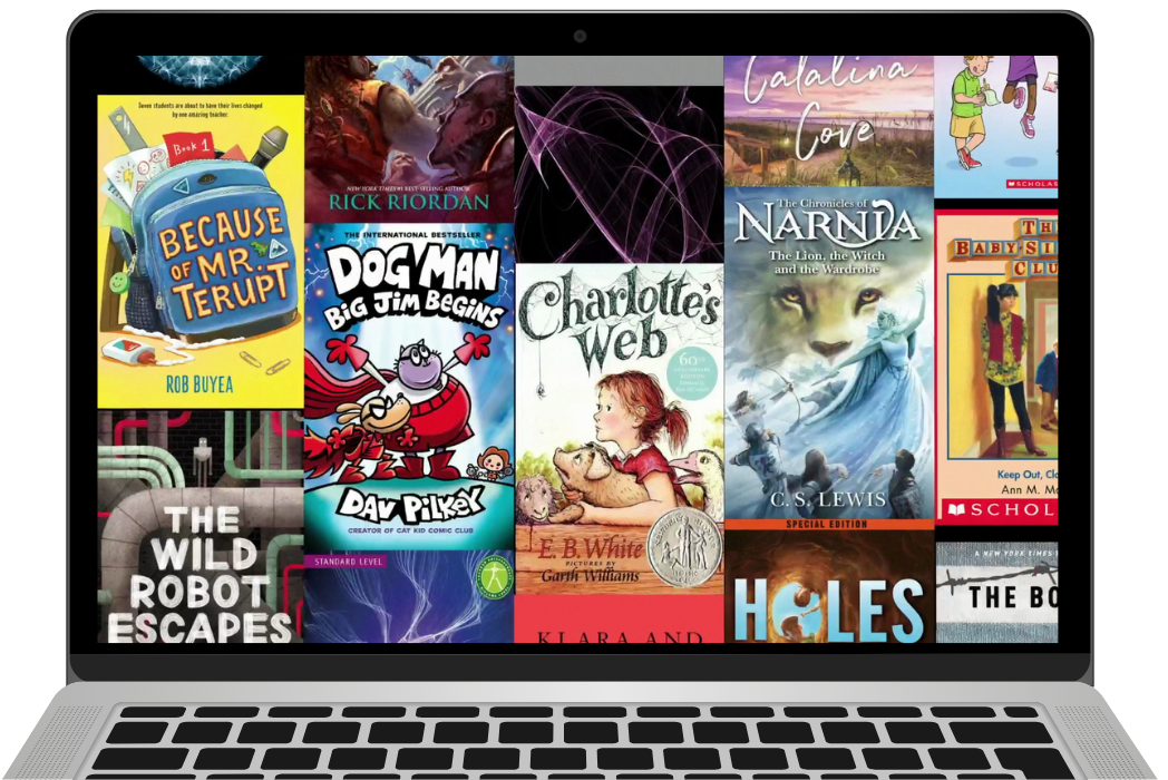 Laptop with a collage of book covers like Charlotte's Web, Dog Man Big Jim Begins, Narnia, and Holes