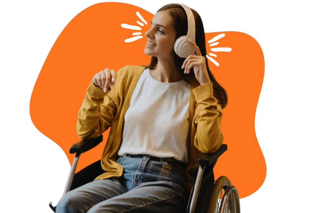 Student in wheelchair using headphones.