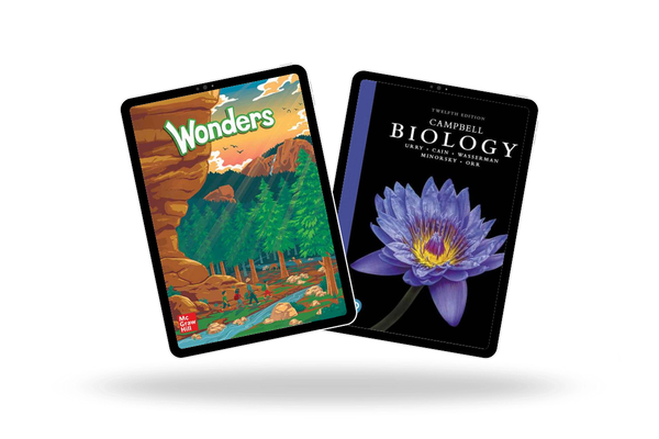 Two tablets each displaying the textbooks wonders and campbell biology.