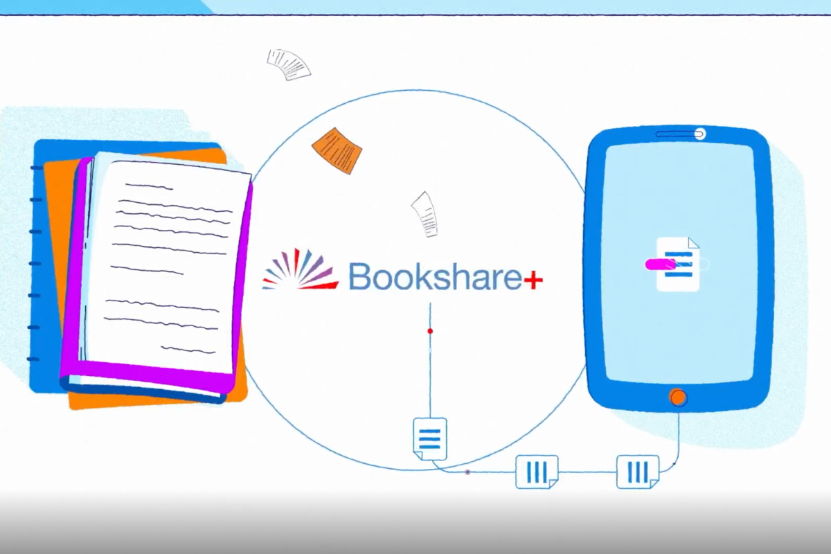 Illustration: worksheets flow through Bookshare Plus onto a tablet 