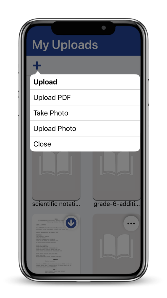Bookshare Reader mobile app on the My Uploads screen with options to upload a PDF or image.