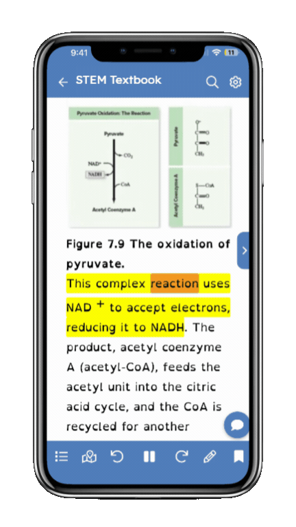 Mobile phone showing Bookshare Reader app reading a converted Bookshare Plus document of a STEM textbook with diagrams and text highlighting.