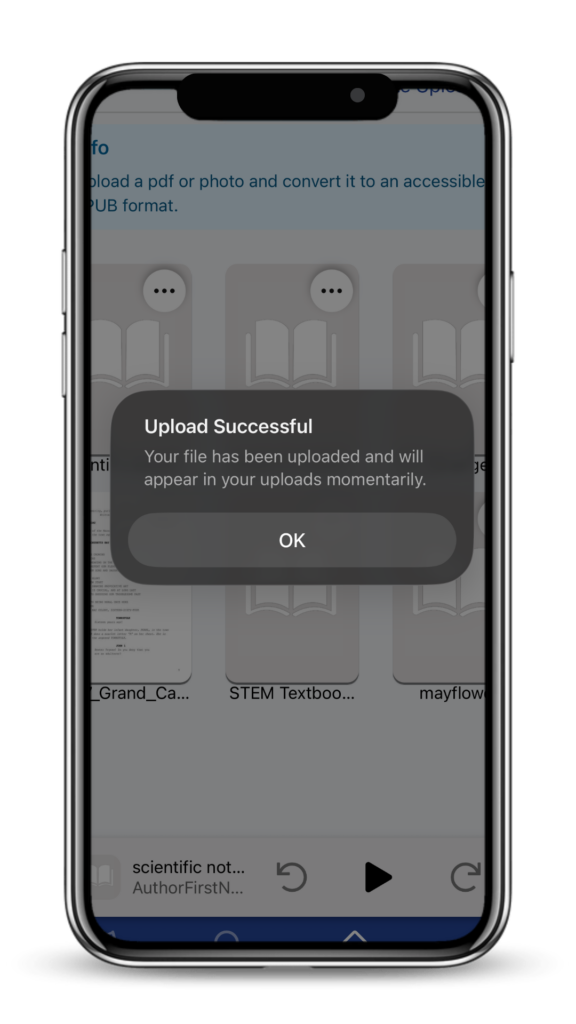Bookshare Reader mobile notification screen with successful upload.