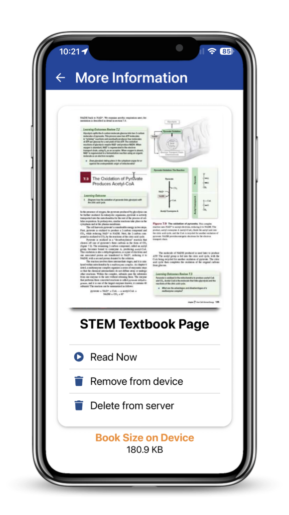 Bookshare Reader mobile app with Book Page open of a STEM textbook page.