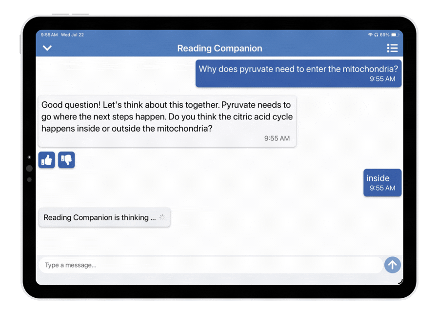Reading Companion open on tablet asking a student "Why does pyruvate need to enter the mitochondria?"
