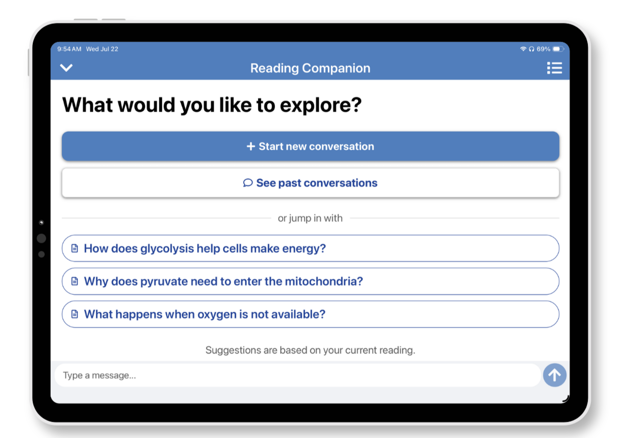 Reading Companion open on Bookshare Reader on a tablet. It asks "What would you like to explore?"