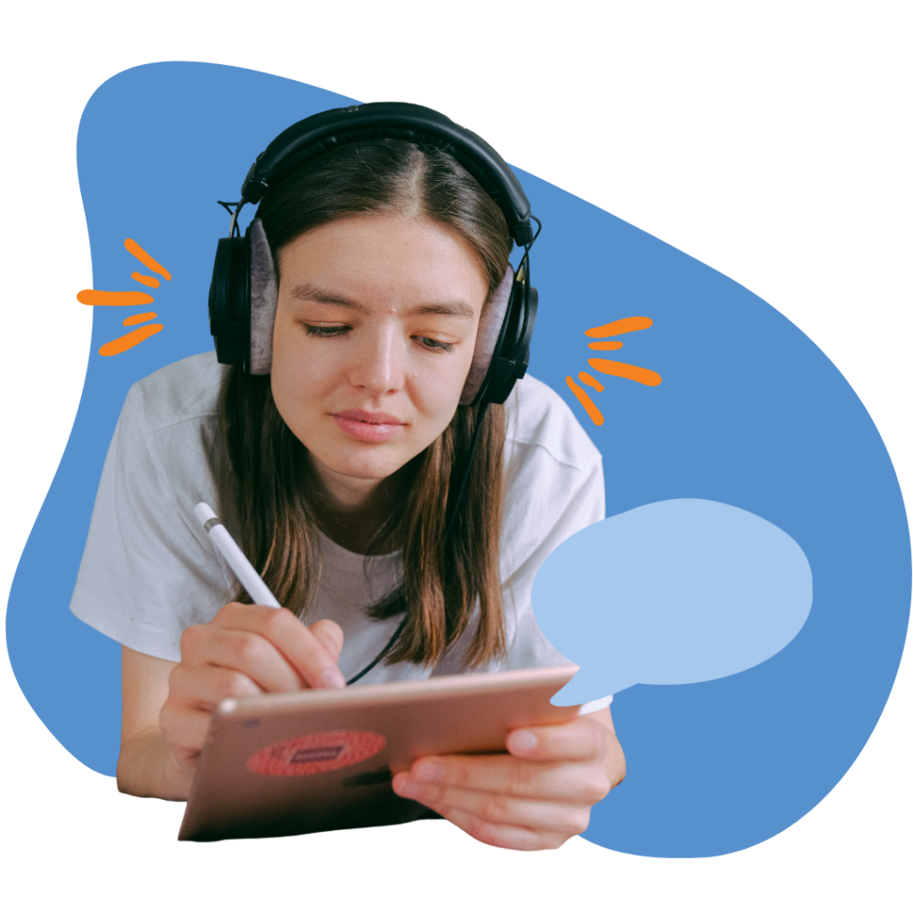 Female Teen student wearing headphones and using tablet. Chat bubble illustration.