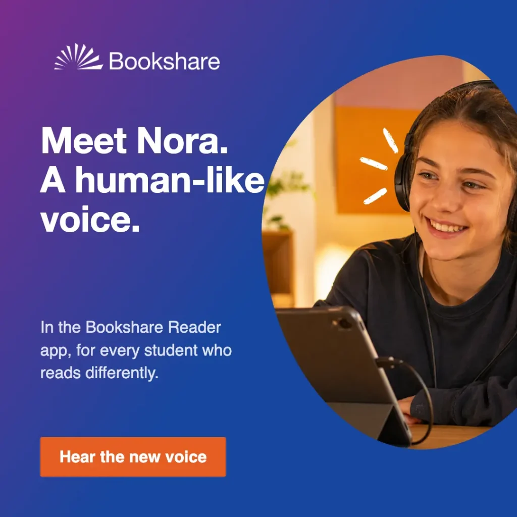 Feature spotlight graphic: Meet Nora, the new natural reading voice, with a student listening on headphones.