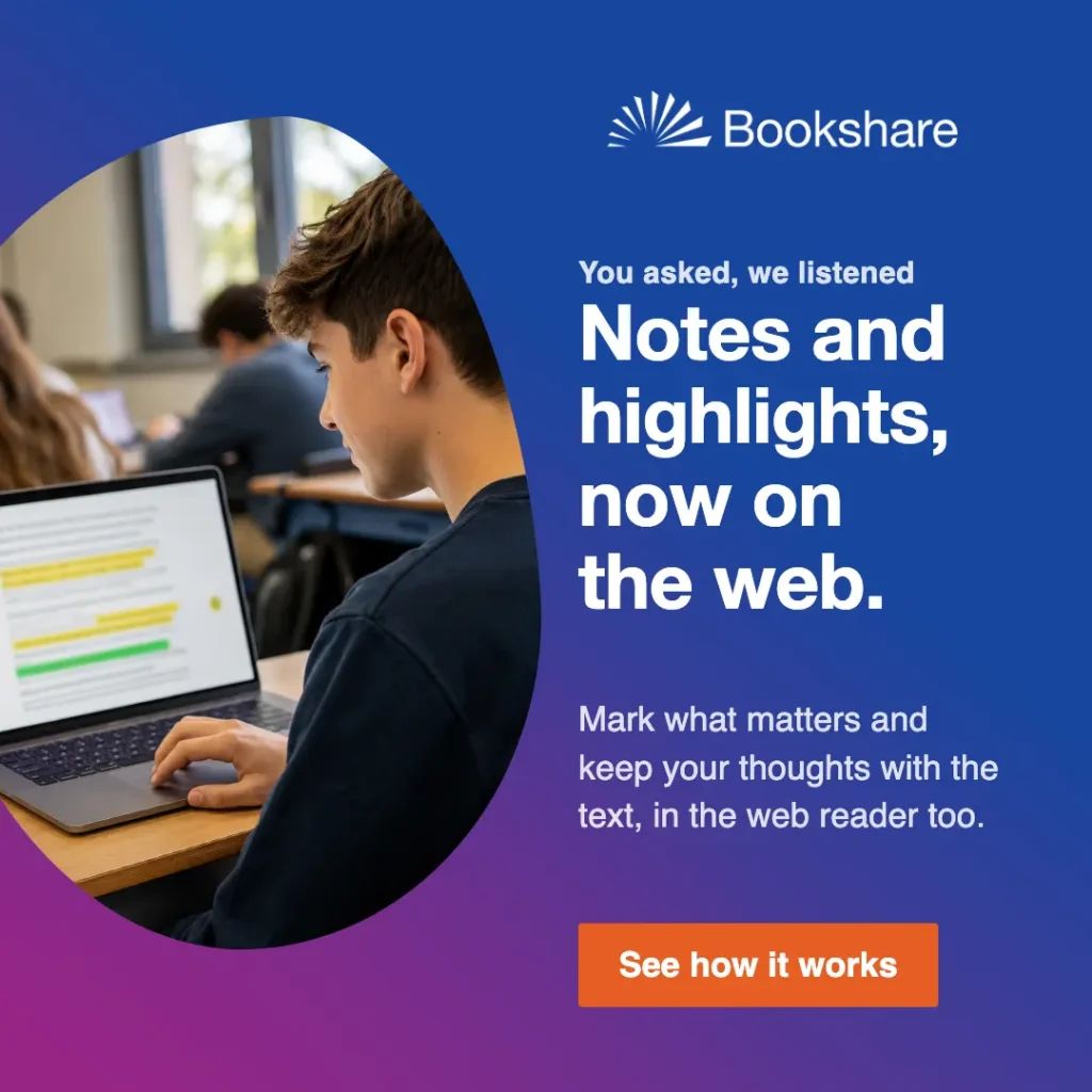 Feature spotlight graphic: Notes and highlights, now on the web, with a student highlighting text on a laptop.